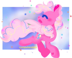 Size: 1203x965 | Tagged: safe, artist:cutiesparke, imported from derpibooru, pinkie pie, pegasus, pony, alternate cutie mark, confetti, female, happy, hoof heart, mare, open mouth, pegasus pinkie pie, prancing, race swap, redesign, simple background, smiling, solo, spread wings, stars, trotting, wings