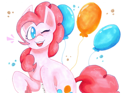 Size: 2836x2138 | Tagged: safe, artist:timeblitz, imported from derpibooru, pinkie pie, earth pony, pony, balloon, female, high res, one eye closed, raised hoof, simple background, solo, traditional art, white background, wink