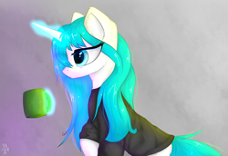 Size: 1280x883 | Tagged: safe, artist:3naa, imported from derpibooru, oc, oc only, pony, unicorn, clothes, coffee, female, glowing, glowing horn, horn, magic, solo, telekinesis, tired, unicorn oc