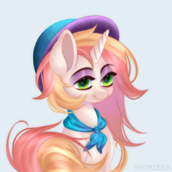 Size: 1600x1600 | Tagged: safe, artist:shimisen, imported from derpibooru, oc, oc only, pony, unicorn, bust, female, hat, horn, simple background, smiling, solo, unicorn oc