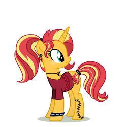 Size: 4000x4000 | Tagged: safe, artist:ginmay, imported from derpibooru, sunset shimmer, pony, unicorn, equestria girls, alternate hairstyle, clothes, ear piercing, earring, female, jewelry, necklace, piercing, ponytail, shirt, simple background, solo, spiked wristband, t-shirt, tattoo, white background, wristband