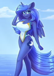 Size: 2480x3508 | Tagged: safe, alternate version, artist:dandy, imported from derpibooru, princess luna, alicorn, anthro, :3, big breasts, breasts, busty princess luna, cleavage, clothes, ear fluff, eyebrows, eyebrows visible through hair, eyeshadow, female, high res, horn, looking at you, makeup, one-piece swimsuit, open-back swimsuit, piercing, raffle prize, smiling, smiling at you, solo, stupid sexy princess luna, swimsuit, wet, wings