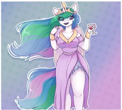 Size: 1810x1633 | Tagged: safe, artist:_alixxie_, imported from derpibooru, princess celestia, alicorn, anthro, alcohol, breasts, busty princess celestia, cleavage, clothes, dress, eye clipping through hair, female, glass, gradient background, open mouth, open smile, outline, smiling, solo, white outline, wine, wine glass, wings
