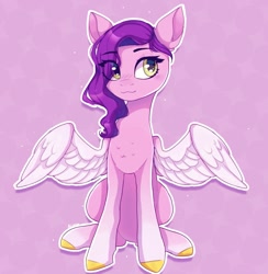 Size: 1537x1572 | Tagged: safe, artist:_alixxie_, imported from derpibooru, pipp petals, pegasus, pony, adorapipp, blushing, cute, eye clipping through hair, female, g5, hair over one eye, mare, my little pony: a new generation, outline, pink background, simple background, sitting, solo, spread wings, white outline, wings