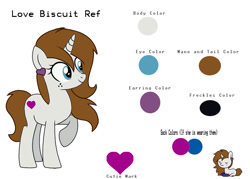 Size: 800x572 | Tagged: safe, artist:luminousdazzle, artist:sevenxninja, imported from derpibooru, oc, oc only, oc:love biscuit, pony, unicorn, blue eyes, brown mane, brown tail, clothes, cute, female, freckles, full body, horn, mare, raised hoof, reference sheet, simple background, smiling, socks, solo, standing, tail, unicorn oc, white background