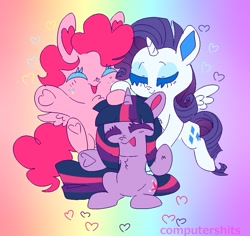 Size: 925x873 | Tagged: safe, artist:cutiesparke, imported from derpibooru, pinkie pie, rarity, twilight sparkle, alicorn, pegasus, pony, unicorn, alicornified, female, floating, freckles, group, happy, heart, lesbian, open mouth, pegasus pinkie pie, polyamory, race swap, rainbow background, raricorn, rarilight, raripie, shipping, trio, twinkie