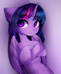 Size: 1208x1461 | Tagged: safe, artist:shavurrr, imported from derpibooru, twilight sparkle, alicorn, pony, crossed hooves, eye clipping through hair, eyebrows, eyebrows visible through hair, female, looking at you, mare, purple background, simple background, solo, twilight sparkle (alicorn)