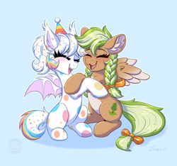 Size: 5120x4800 | Tagged: safe, artist:confetticakez, artist:dandy, imported from derpibooru, oc, oc only, oc:confetti cupcake, oc:sylvia evergreen, bat pony, pegasus, pony, absurd resolution, bat wings, blushing, braid, collaboration, duo, ear fluff, eyes closed, fangs, female, freckles, hair tie, hat, holding hooves, hug, light blue background, open mouth, pale belly, party hat, simple background, smiling, white belly, wings