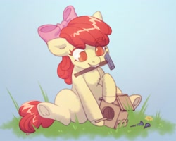 Size: 3108x2485 | Tagged: safe, artist:helemaranth, imported from derpibooru, apple bloom, earth pony, pony, adorabloom, bird house, chest fluff, cute, female, filly, frog (hoof), grass, hammer, high res, mouth hold, sitting, solo, underhoof, weapons-grade cute