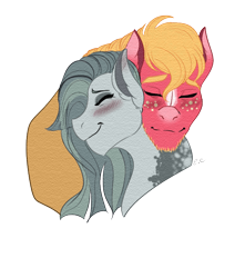 Size: 600x679 | Tagged: safe, artist:sunflareworks, imported from derpibooru, big macintosh, marble pie, blushing, bust, cute, daaaaaaaaaaaw, eyes closed, female, male, marblemac, nuzzling, shipping, simple background, straight, transparent background
