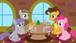 Size: 1280x720 | Tagged: safe, artist:mlplary6, imported from derpibooru, cheese sandwich, maud pie, mudbriar, pinkie pie, earth pony, pony, brother in law, carrot, carrot dog, cheesepie, cupcake, double date, female, food, friends, herbivore, male, maudbriar, pie sisters, pillow, shipping, siblings, sister in law, sisters, sitting, smiling, straight, when he smiles, when she smiles