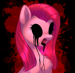 Size: 1229x1200 | Tagged: safe, artist:megabait, imported from derpibooru, pinkie pie, pony, leak, black, bust, creepy, evil, horror, inktober, inktober2021, inktoberday23, pinkamena diane pie, portrait, scary, zalgo