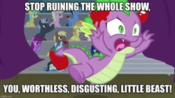 Size: 888x499 | Tagged: safe, edit, edited screencap, imported from ponybooru, screencap, spike, dragon, horse play, abuse, booing, food, male, op isn't even trying anymore, spikeabuse, stage, tomato, tomatoes