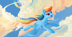 Size: 1920x997 | Tagged: safe, artist:anonymous, deleted from derpibooru, edit, editor:unofficial edits thread, imported from ponybooru, rainbow dash, pegasus, pony, /mlp/, cloud, female, flying, mare, open mouth, open smile, redraw, smiling, solo, sonic rainboom