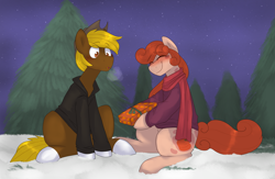 Size: 2767x1804 | Tagged: safe, artist:2k.bugbytes, imported from ponybooru, oc, oc only, oc:acres, oc:pumpkin patch, earth pony, pony, blushing, christmas, clothes, cowboy hat, cute, duo, female, grass, hat, holiday, jacket, male, mare, ocbetes, present, scarf, sitting, snow, stallion, stetson, sweater, tree