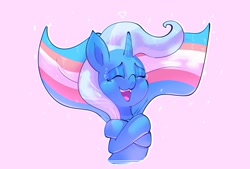 Size: 2390x1617 | Tagged: artist needed, source needed, safe, imported from ponybooru, trixie, unicorn, cape, clothes, pink background, pride, pride flag, simple background, solo, trans pride flag