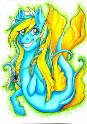 Size: 2058x2915 | Tagged: safe, artist:alexispaint, imported from derpibooru, oc, oc only, seapony (g4), blue eyes, dorsal fin, fish tail, flowing tail, jewelry, looking at you, necklace, simple background, smiling, solo, tail, teeth, white background