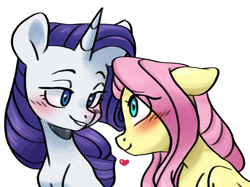 Size: 1280x958 | Tagged: safe, artist:chub-wub, imported from derpibooru, fluttershy, rarity, pegasus, pony, unicorn, bedroom eyes, blushing, duo, eyeshadow, female, flarity, grin, heart, lesbian, looking at each other, looking at someone, makeup, mare, shipping, simple background, smiling, white background