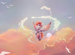 Size: 3500x2600 | Tagged: safe, artist:reterica, oc, oc only, bird, pegasus, pony, armband, eyes closed, flying, kerchief, sky, spread wings, wings