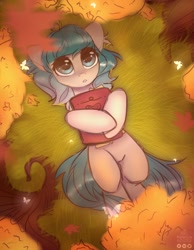 Size: 1550x2000 | Tagged: safe, artist:reterica, coco pommel, butterfly, earth pony, pony, autumn, book, on back