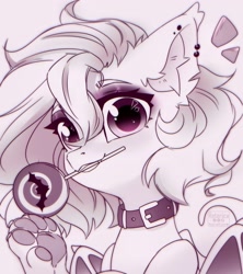 Size: 2700x3047 | Tagged: safe, artist:reterica, oc, oc only, bat pony, pegasus, pony, candy, collar, eyeshadow, food, lollipop, makeup, monochrome, simple background, smiling