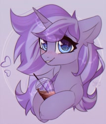 Size: 2001x2337 | Tagged: safe, artist:reterica, oc, oc only, pony, unicorn, blushing, coffee, heart, looking at you, plastic cup, simple background, smiling