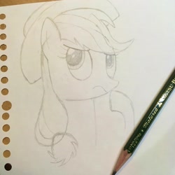 Size: 3024x3024 | Tagged: safe, artist:huodx, applejack, earth pony, pony, hat, monochrome, pencil, raised hoof, simple background, thinking, traditional art