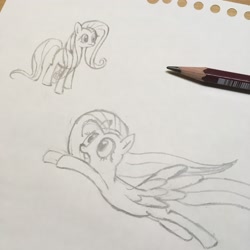 Size: 3024x3024 | Tagged: safe, artist:huodx, fluttershy, pegasus, pony, flying, monochrome, open mouth, pencil, simple background, spread wings, traditional art, wings