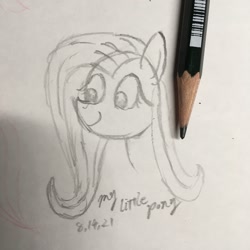 Size: 1048x1048 | Tagged: safe, artist:huodx, fluttershy, pony, monochrome, pencil, simple background, smiling, traditional art