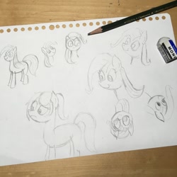 Size: 1048x1048 | Tagged: safe, artist:huodx, fluttershy, earth pony, pony, drawpile, eraser, frown, monochrome, pencil, simple background, traditional art