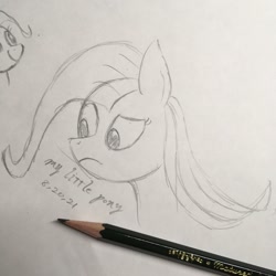 Size: 1048x1048 | Tagged: safe, artist:huodx, fluttershy, pony, frown, monochrome, pencil, simple background, traditional art