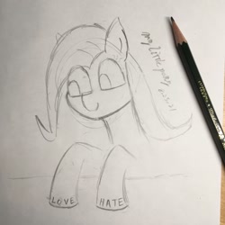 Size: 1048x1048 | Tagged: safe, artist:huodx, earth pony, pony, monochrome, pencil, simple background, smiling, table, traditional art