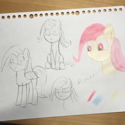 Size: 1048x1048 | Tagged: safe, artist:huodx, fluttershy, earth pony, pony, drawpile, frown, pencil, simple background, traditional art