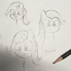 Size: 1048x1048 | Tagged: safe, artist:huodx, fluttershy, pony, drawpile, monochrome, pencil, simple background, smiling, traditional art