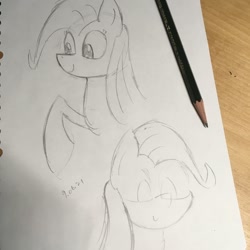 Size: 1048x1048 | Tagged: safe, artist:huodx, fluttershy, pony, drawpile, monochrome, pencil, simple background, smiling, traditional art