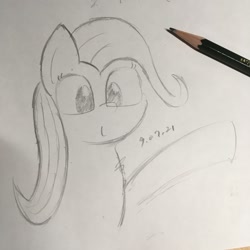 Size: 1048x1048 | Tagged: safe, artist:huodx, fluttershy, pony, monochrome, pencil, raised hoof, simple background, smiling, traditional art