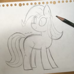 Size: 1048x1048 | Tagged: safe, artist:huodx, earth pony, pony, monochrome, pencil, simple background, smiling, traditional art