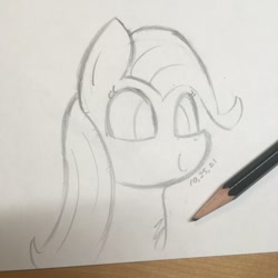 Size: 1048x1048 | Tagged: safe, artist:huodx, fluttershy, pony, monochrome, pencil, simple background, smiling, traditional art