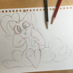 Size: 1048x1048 | Tagged: safe, artist:huodx, pinkie pie, earth pony, pony, monochrome, pencil, silly, simple background, sitting, smiling, tongue out, traditional art