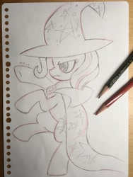 Size: 786x1048 | Tagged: safe, artist:huodx, trixie, pony, cape, clothes, frown, hat, monochrome, simple background, traditional art