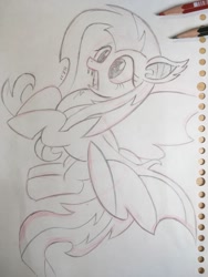 Size: 786x1048 | Tagged: safe, artist:huodx, fluttershy, bat pony, pony, bat ponified, fangs, flutterbat, monochrome, open mouth, race swap, simple background, spread wings, traditional art, wings