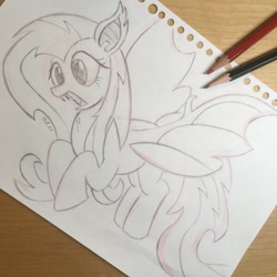 Size: 838x838 | Tagged: safe, artist:huodx, fluttershy, bat pony, pony, bat ponified, fangs, flutterbat, monochrome, open mouth, race swap, simple background, spread wings, traditional art, wings