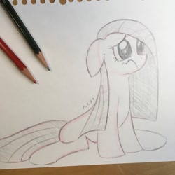 Size: 1048x1048 | Tagged: safe, artist:huodx, pinkie pie, earth pony, pony, frown, monochrome, pencil, pinkamena diane pie, sad, simple background, sitting, traditional art