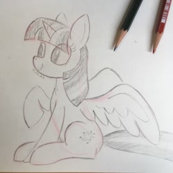 Size: 1048x1048 | Tagged: safe, artist:huodx, twilight sparkle, alicorn, pony, monochrome, pencil, raised hoof, simple background, sitting, smiling, spread wings, traditional art, twilight sparkle (alicorn), wings