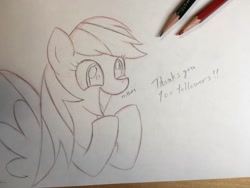 Size: 1310x983 | Tagged: safe, artist:huodx, rainbow dash, pony, excited, monochrome, open mouth, pencil, simple background, smiling, spread wings, traditional art, wings