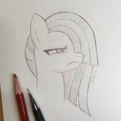 Size: 1048x1048 | Tagged: safe, artist:huodx, marble pie, pony, frown, monochrome, pencil, simple background, squinted eyes, traditional art