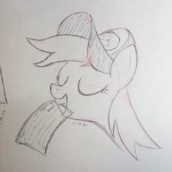 Size: 1048x1048 | Tagged: safe, artist:huodx, derpy hooves, pony, eyes closed, hat, letter, mail, monochrome, mouth hold, pencil, simple background, smiling, traditional art