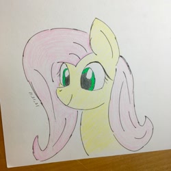 Size: 838x838 | Tagged: safe, artist:huodx, fluttershy, pony, unicorn, pencil, simple background, smiling, traditional art