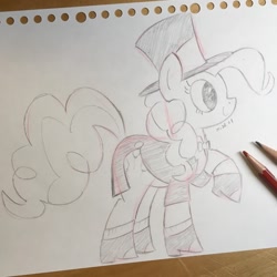 Size: 1048x1048 | Tagged: safe, artist:huodx, pinkie pie, earth pony, pony, clothes, costume, hat, monochrome, pencil, raised hoof, simple background, smiling, tongue out, top hat, traditional art