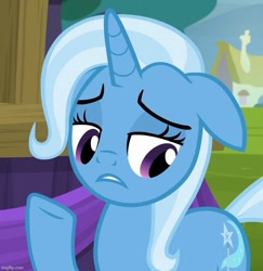 Size: 701x720 | Tagged: safe, imported from derpibooru, screencap, trixie, pony, unicorn, no second prances, season 6, cropped, ears back, female, frown, horn, imgflip, looking down, mare, purple eyes, solo, two toned mane